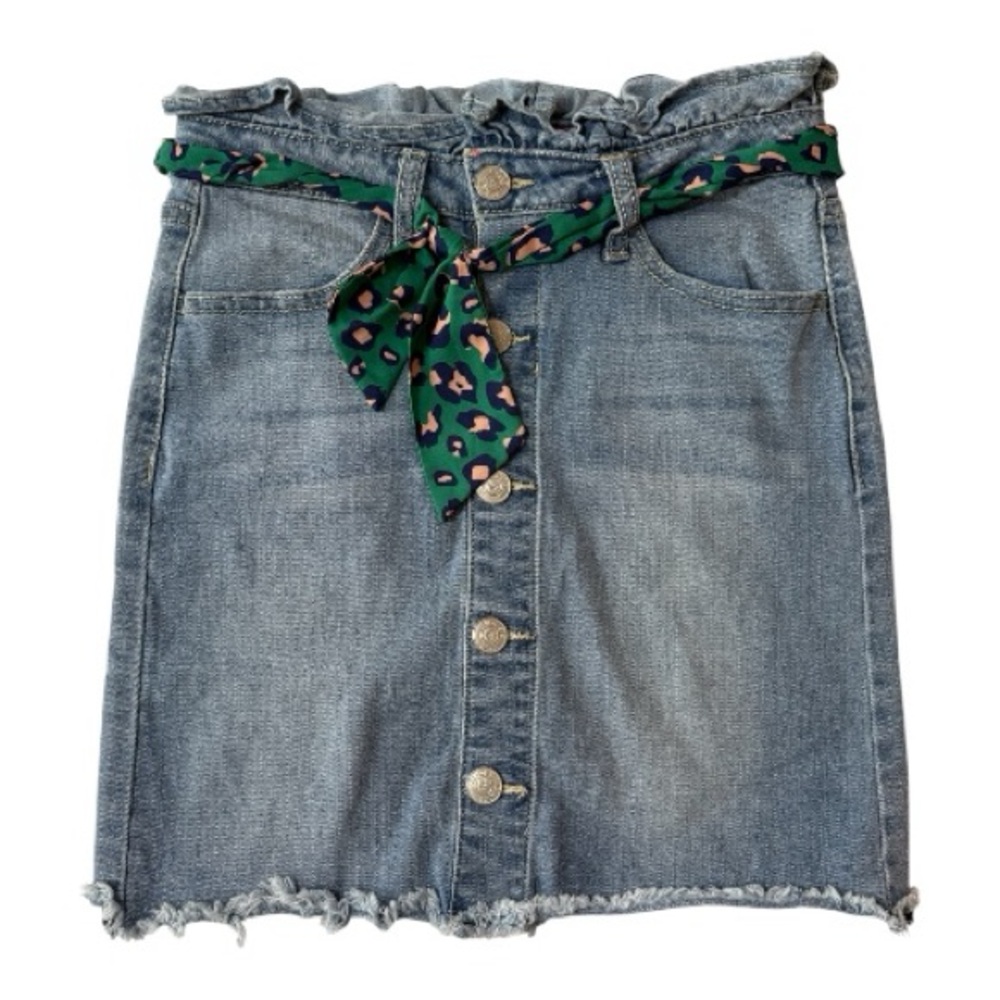 Vigoss Girls Denim Mini Skirt Size 12 Leopard Belt Raw Hem
